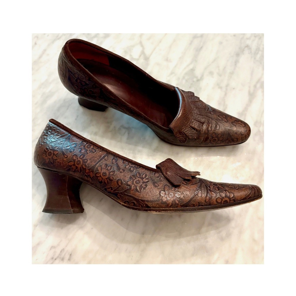 Vintage Henry Beguelin Hand Tooled Leather Sculpted Heel‎ Pumps Made in Italy 38